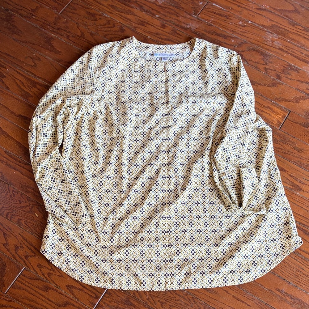 Coolibar Women's Long-Sleeve Geo Print Blouse in Yellow and Navy UPF 50 Plus